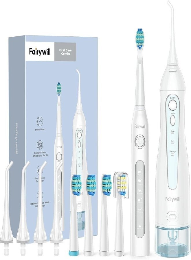 Fairywill Oral Care Combo 5020E, Water Flosser and Electric Toothbrush with 507 Toothbrush Set for Braces Bridges Care, White