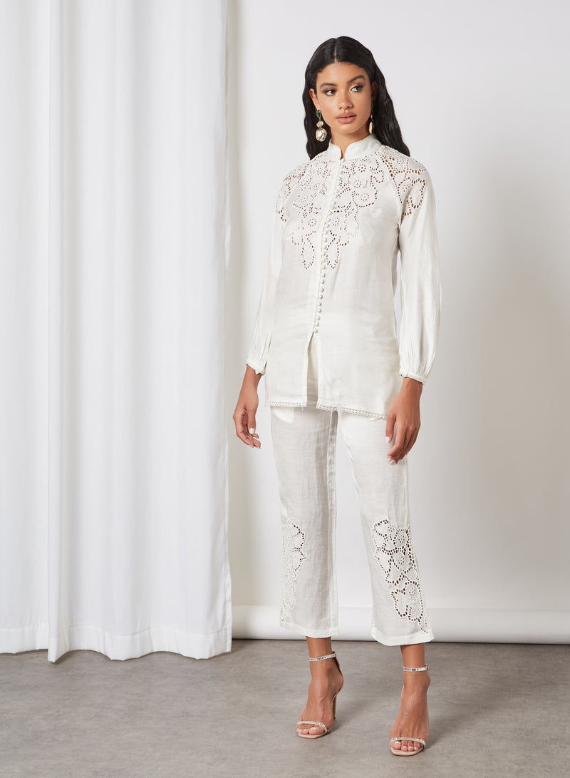 Schiffli Embroidered Top and Pants Set Off-White