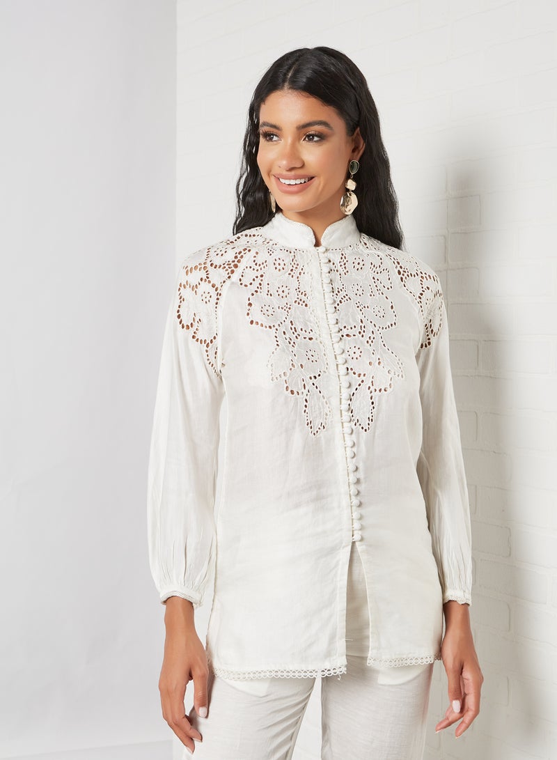 Schiffli Embroidered Top and Pants Set Off-White