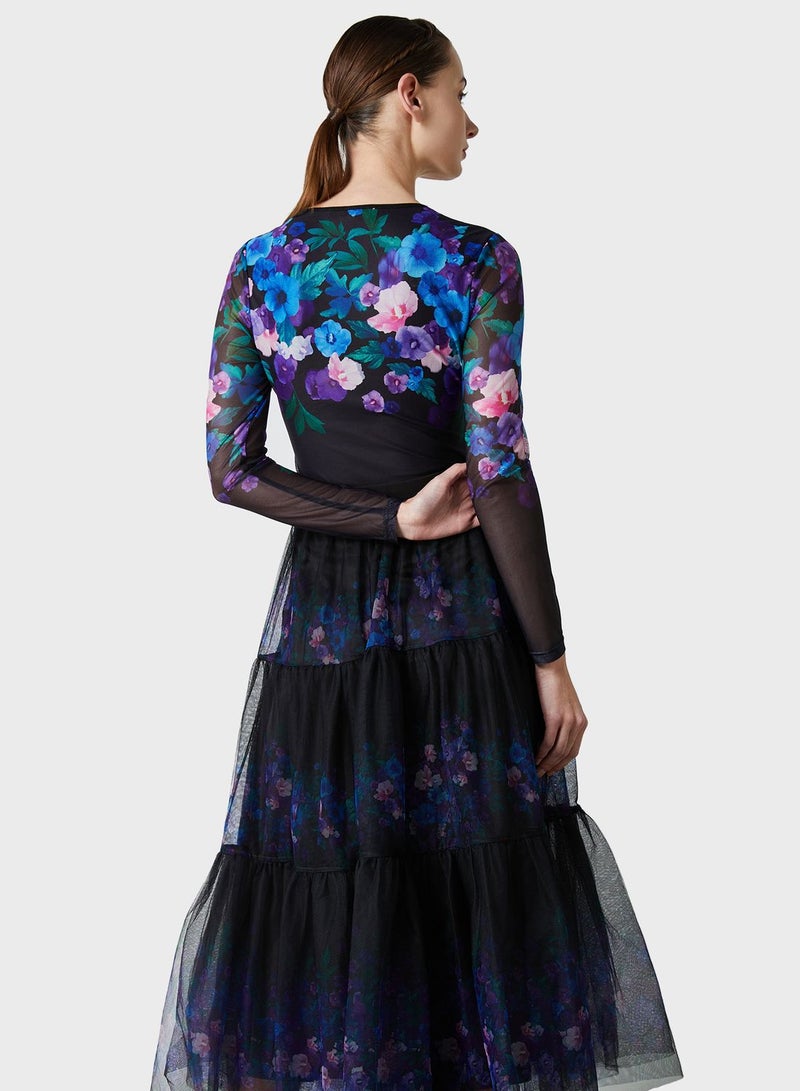 Plisse Mesh Floral Print Skirt