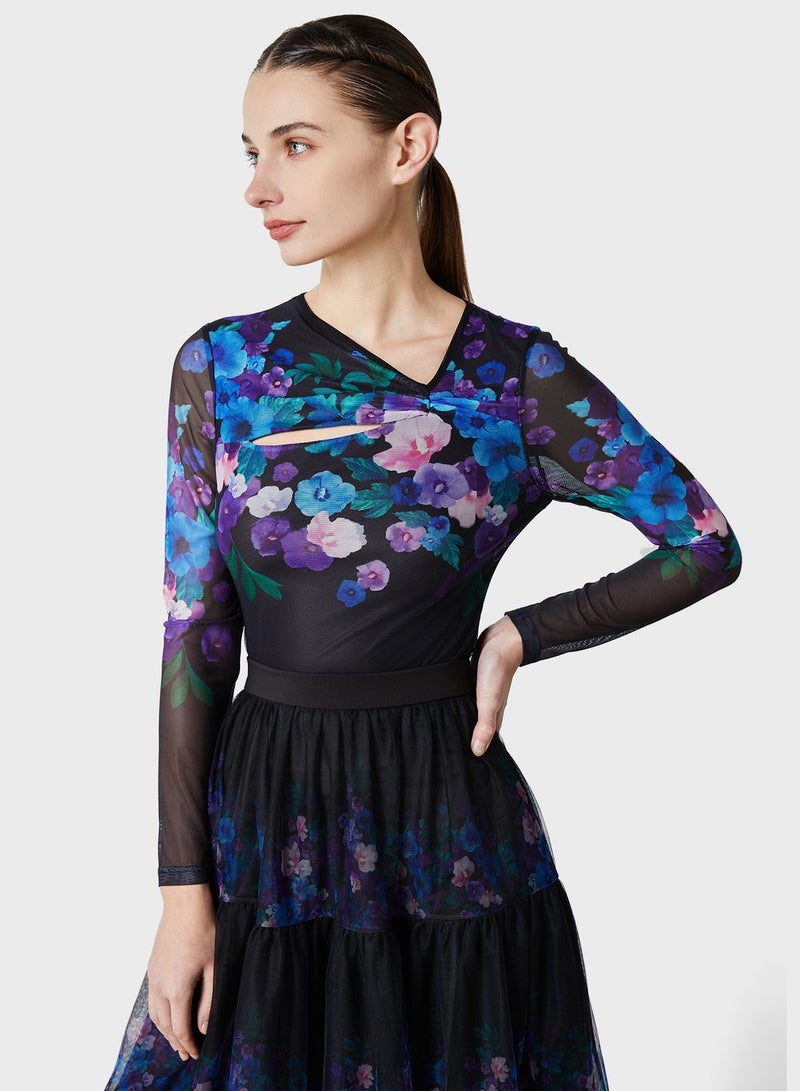 Plisse Mesh Floral Print Skirt