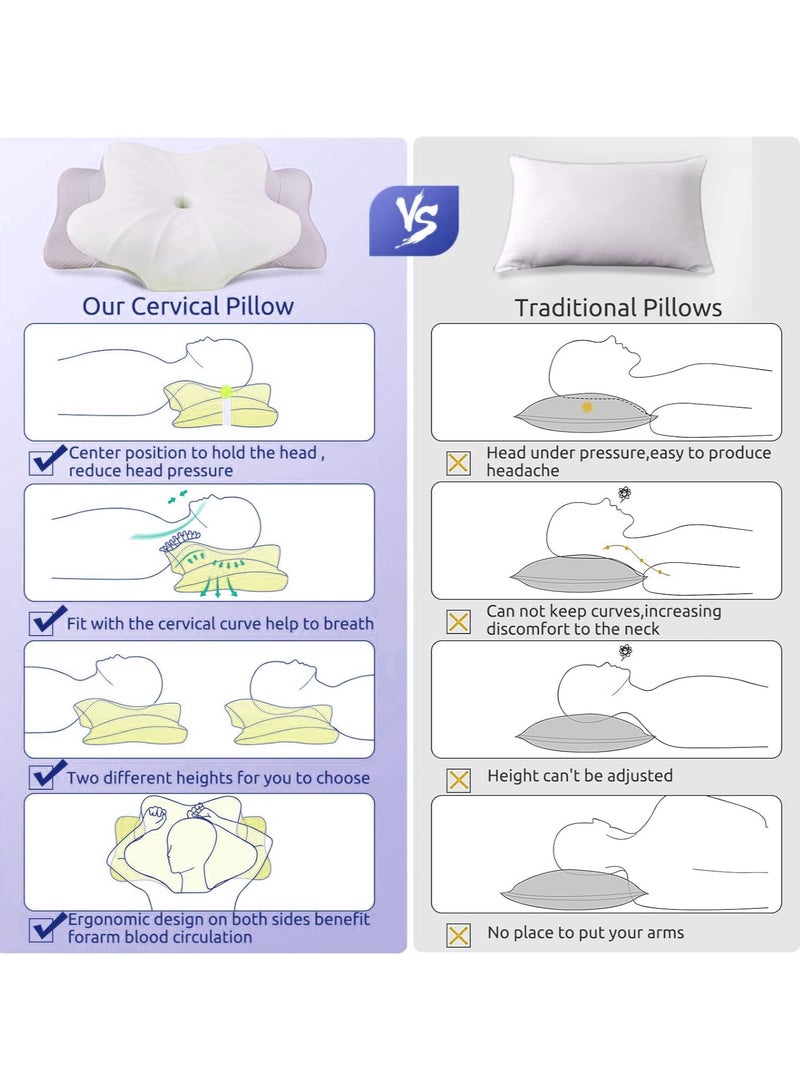 Pack of 2 Memory Foam Butterfly-Shaped Cervical Pillow for Shoulder and Neck Pain Relief, Ergonomic Orthopedic Support for Side, Back, and Stomach Sleeping, Washable Cover & 2 Sleeping Eye Masks Include