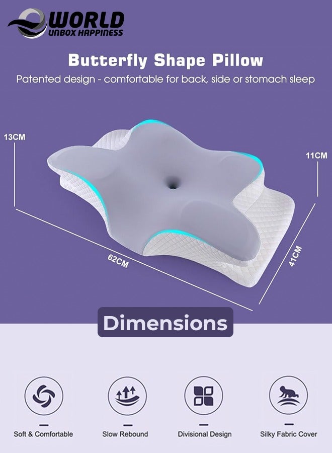 Pack of 2 Memory Foam Butterfly-Shaped Cervical Pillow for Shoulder and Neck Pain Relief, Ergonomic Orthopedic Support for Side, Back, and Stomach Sleeping, Washable Cover & 2 Sleeping Eye Masks Include