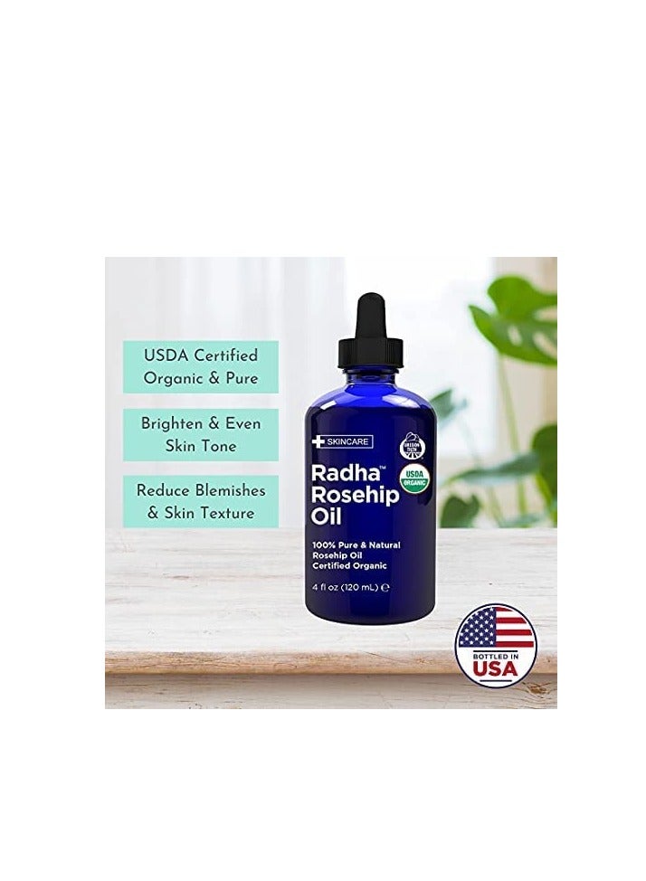 Radha Beauty 4 oz Organic Rosehip Seed Oil 100% Pure Cold Pressed - Great Carrier Oil for Moisturizing Face, Hair, Skin, & Nails, Hydrating and Nourishing