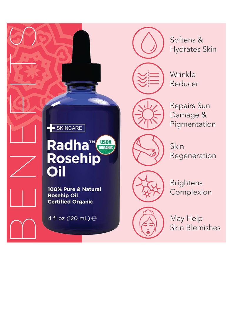 Radha Beauty 4 oz Organic Rosehip Seed Oil 100% Pure Cold Pressed - Great Carrier Oil for Moisturizing Face, Hair, Skin, & Nails, Hydrating and Nourishing