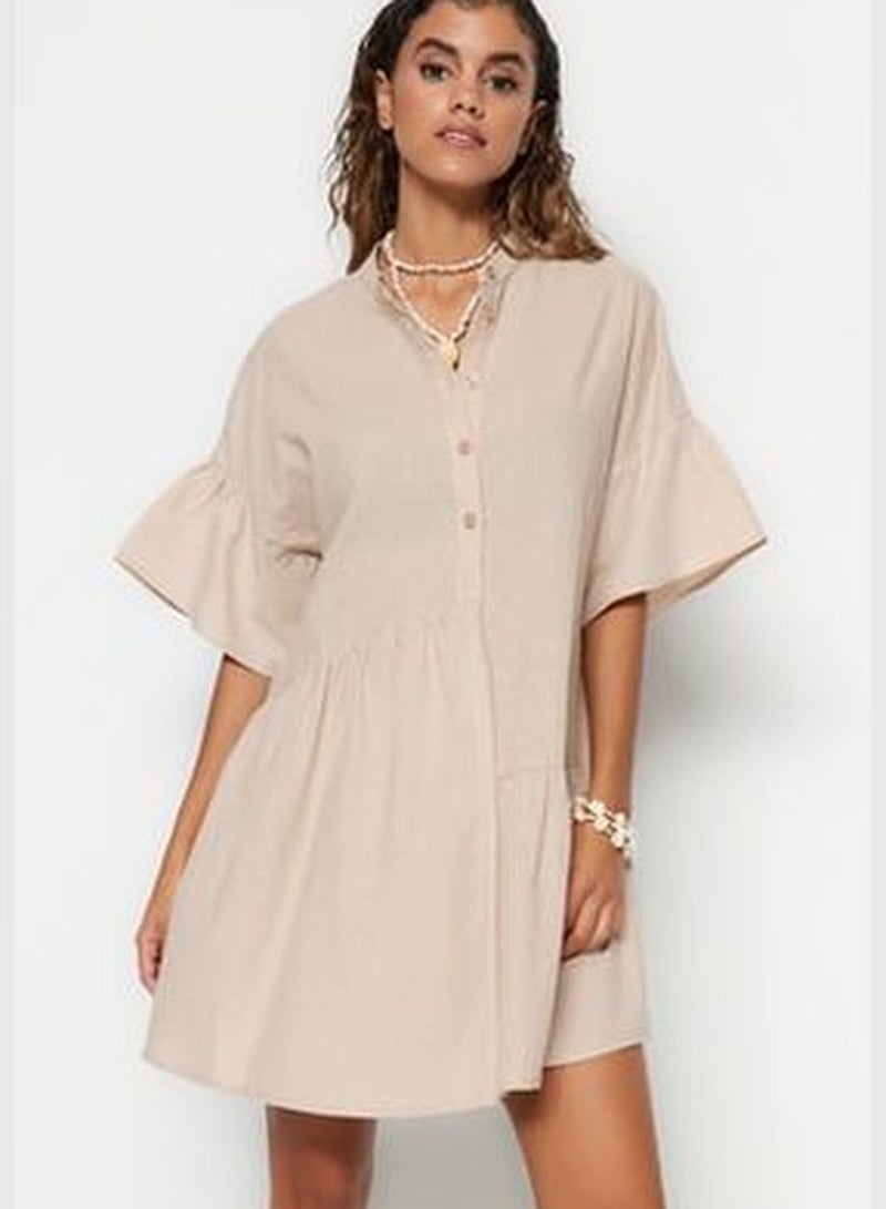 Wide Fit Beige Mini Weave Ruffled 100% Cotton Beach Dress