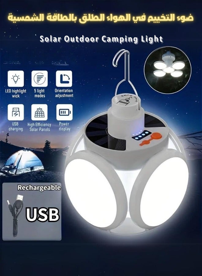 Solar Camping Light with LED Lantern with USB，Remote Control Portable Tent Lamp with Hanging Hook，Folding Football Bulbs Rechargeable Light with Cable for Camping, Outdoor.