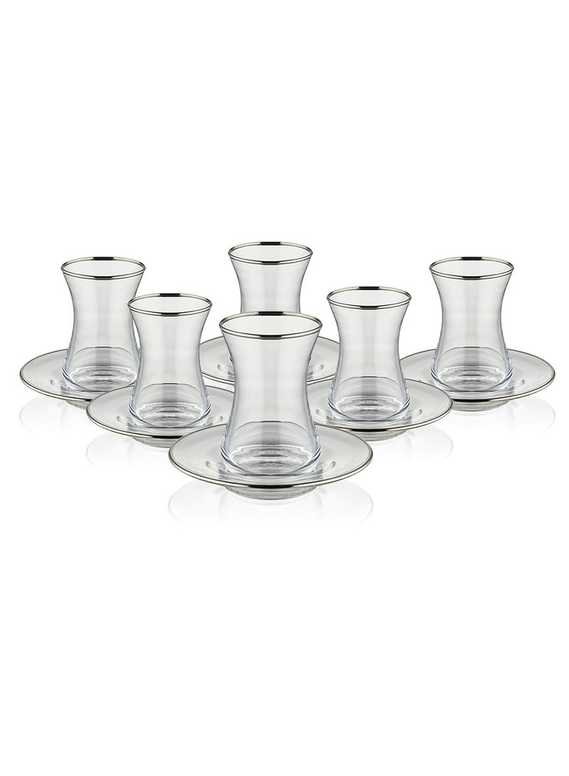 Istikana Silver Rim Tea Cup and Saucer 12pc Set Tea Service 6x Cups (100ml) with 6x Saucers