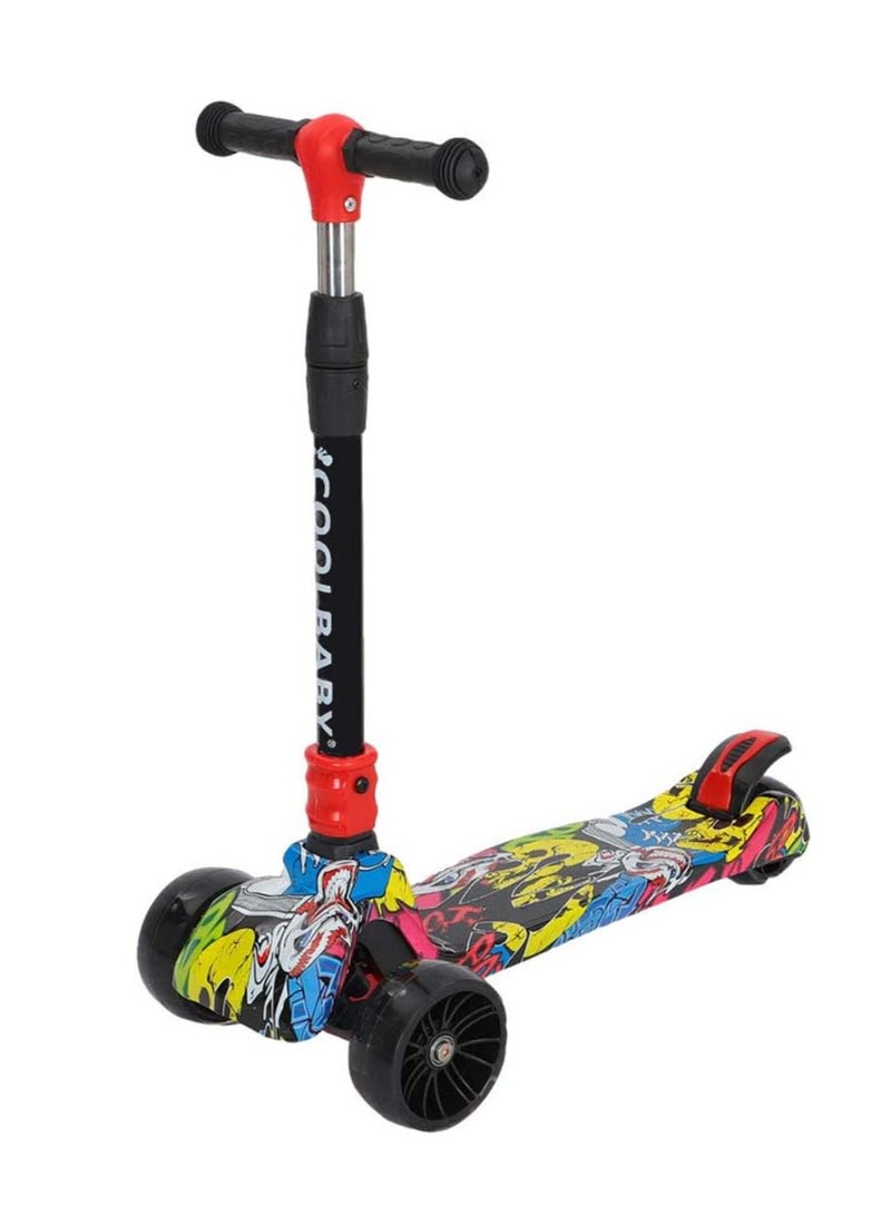 Foldable 3-Wheel Scooter Adjustable Height Suitable with Flash Wheel Light Music for Kids Aged 3-12 Years Old Yellow Graffiti