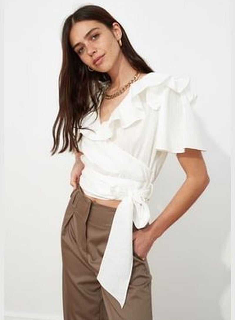 Ecru Woven Ruffle and Tie Detail Blouse TWOSS20BZ0351