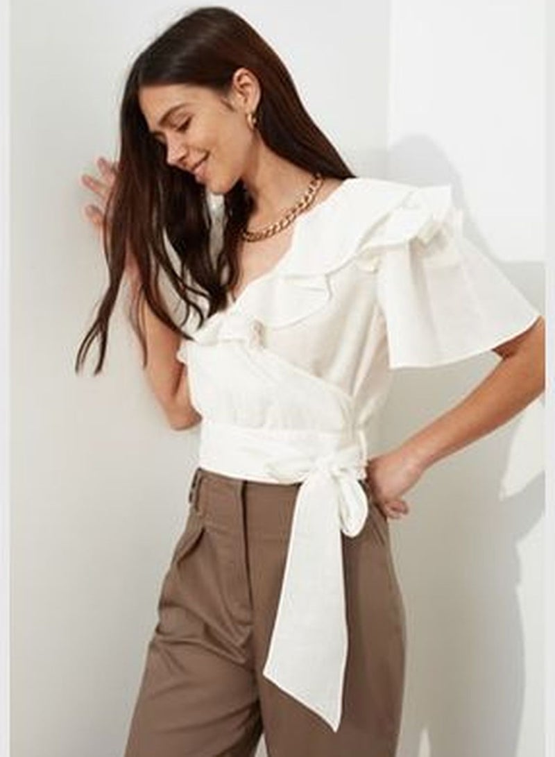 Ecru Woven Ruffle and Tie Detail Blouse TWOSS20BZ0351