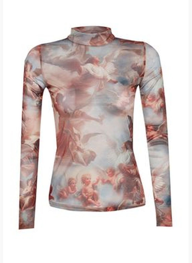Multi-colored Angel Print Standing Collar Tulle Fitted/Slitter Knitted Blouse TWOAW24BZ00307