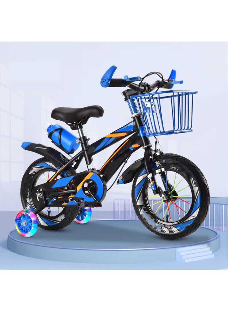 100% assembled Kids 12-inch Bicycle Front Iron Basket Rear Water Bottle Aluminum Alloy Handlebars Bold Tires Blue