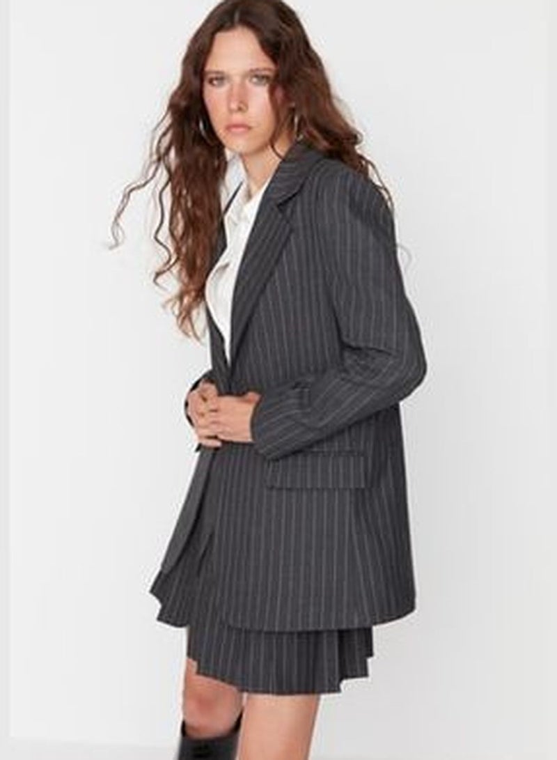 Black Regular Lined Woven Striped Blazer Jacket TWOAW23BC00135
