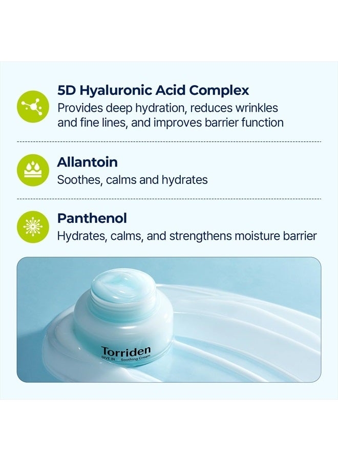 DIVE-IN Hyaluronic Acid Soothing Cream 3.38 fl oz | Revitalizing Facial Moisturizer for Sensitive, Dry Skin | Fragrance-free, Alcohol-free, No Colorants | Vegan, Cruelty-Free