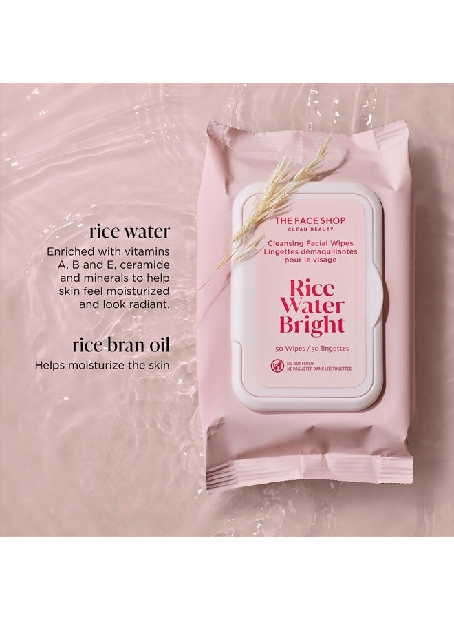 Rice Water Bright Cleansing Facial Wipes - Rice Extract - Refreshing, Brightening, Moisturizing - Infused with Cleansing Milk - Vegan Disposable Makeup Remover Wipes - Korean Skin Care