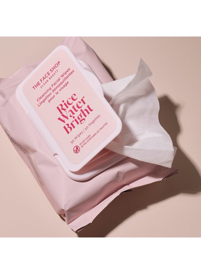 Rice Water Bright Cleansing Facial Wipes - Rice Extract - Refreshing, Brightening, Moisturizing - Infused with Cleansing Milk - Vegan Disposable Makeup Remover Wipes - Korean Skin Care