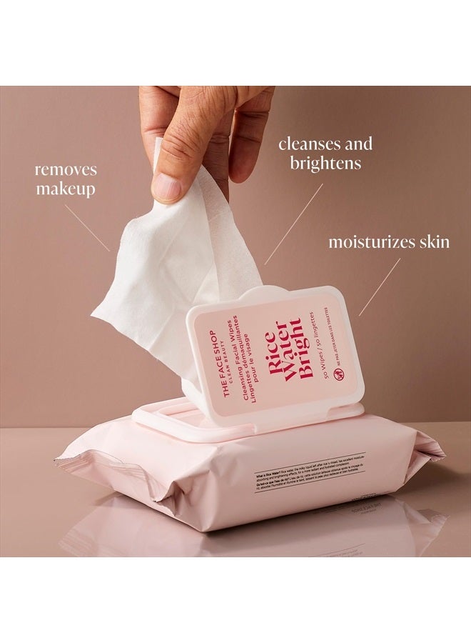 Rice Water Bright Cleansing Facial Wipes - Rice Extract - Refreshing, Brightening, Moisturizing - Infused with Cleansing Milk - Vegan Disposable Makeup Remover Wipes - Korean Skin Care