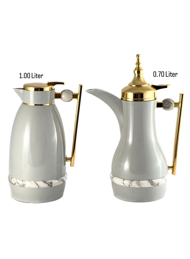 2-Piece Tea & Coffee Flask - 0.7 Liter & 1 Liter Capacity - Glass Inner - ABS Body - Light Grey & Gold