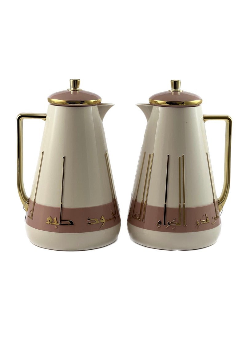 2-Piece Tea & Coffee Flask - 1 Liter & 1 Liter Capacity - Glass Inner - ABS Body - White & Pink & Gold