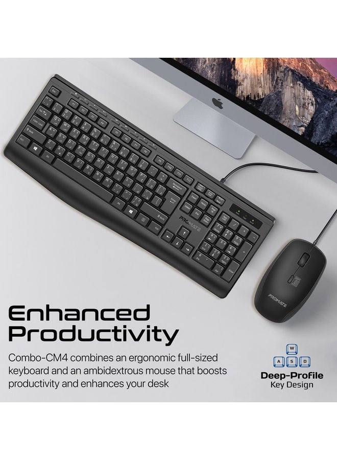 Wired Keyboard and Mouse with Ambidextrous, 2400 Adjustable DPI, Media Keys, Deep-Profile Keycap, Spill Resistance, Combo-CM4 Black