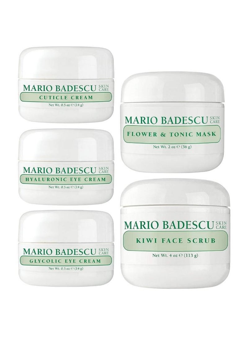 Mario Badescu Glycolic Eye Cream, 0.5 Oz, Cuticle Cream, 0.5 oz, Hyaluronic Eye Cream 0.5 oz, Flower & Tonic Mask, 2 oz and Kiwi Face Scrub, 4 oz