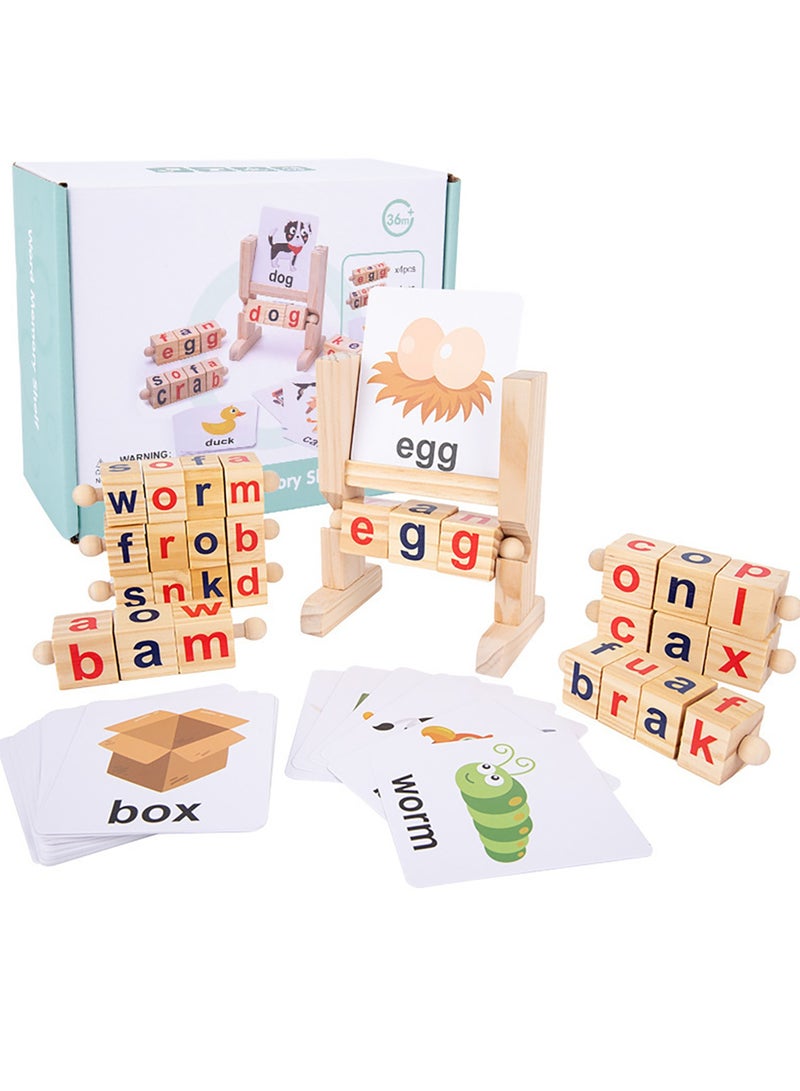 Educational Montessori Spinning Alphabet Toy, Wooden Reading Blocks with Flash Cards, Ideal for Toddlers 2 to 4 Years Old