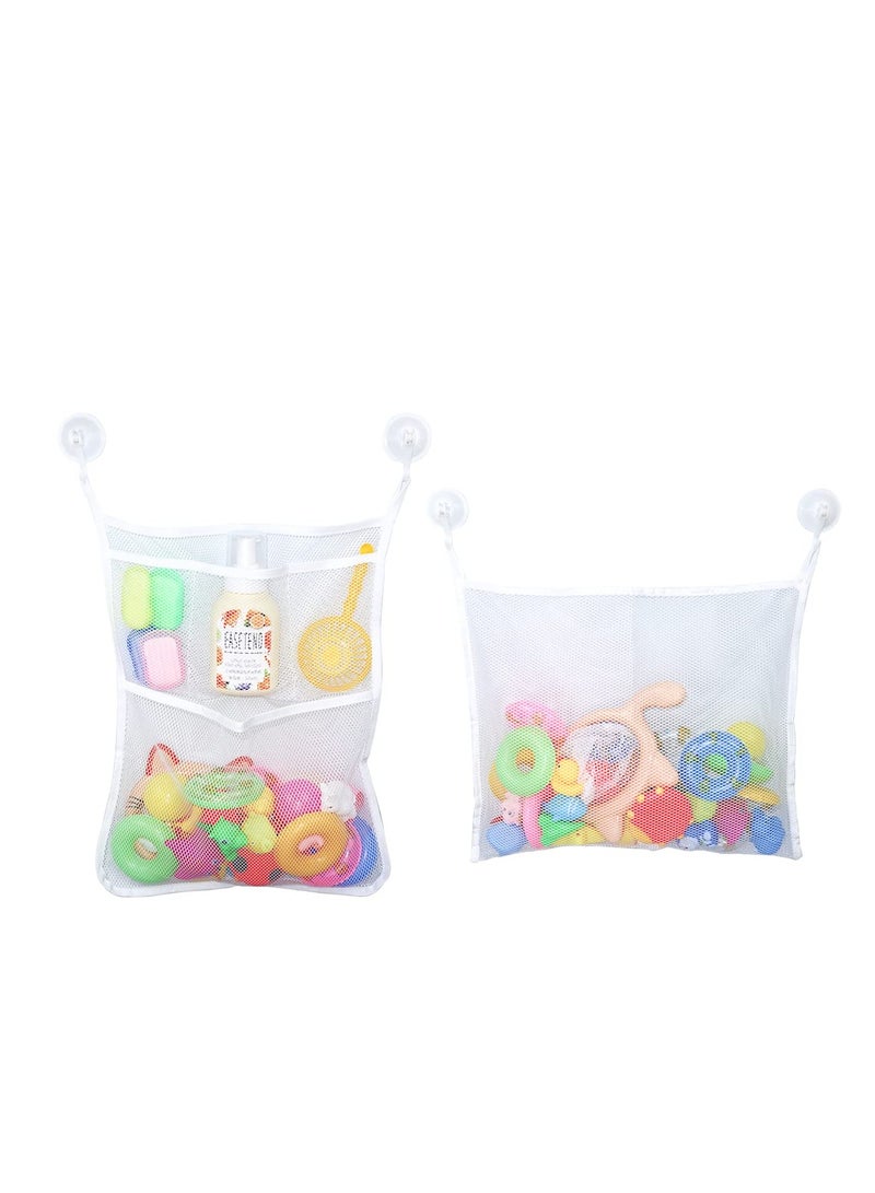 2 PCS Mesh Bathtub Toy Holder Bag, Bath Toy Organizer 46 x 35 CM, Includes 4 Ultra Strong Hooks, White