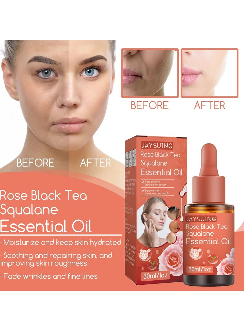 Rose Black Tea Squalane Essential Oil, 30ml Anti Aging And Anti Wrinkle Serum, Moisturizing Whitening Brighten Fine Line Essential Oil For Women Body