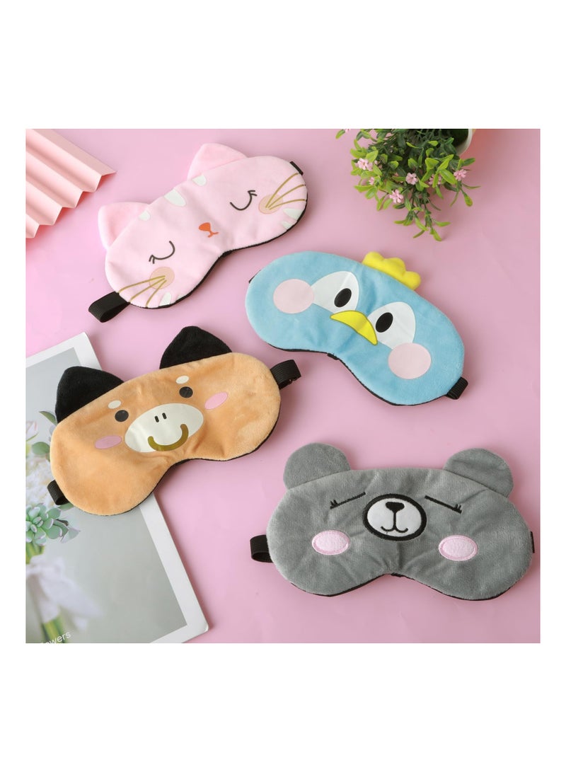 4Pcs Cute Sleeping Eye Masks for Kids, Plush Cartoon Soft Fluffy Eyeshade, Adjustable Elastic Eyepatch for Kids Adult Night Nap Travel Deep Sleeping