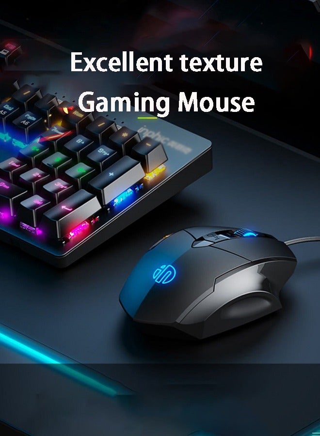 W1 Silent Wired Frosting Mouse Chicken Eating Esports Game Mouse 1200/2400/4800/7200 DPI, Plug and Play 6-key Edition -1.5m Colorful Luminous Mouse Windows XP/Windows7/Windows8/ndows10（Black)