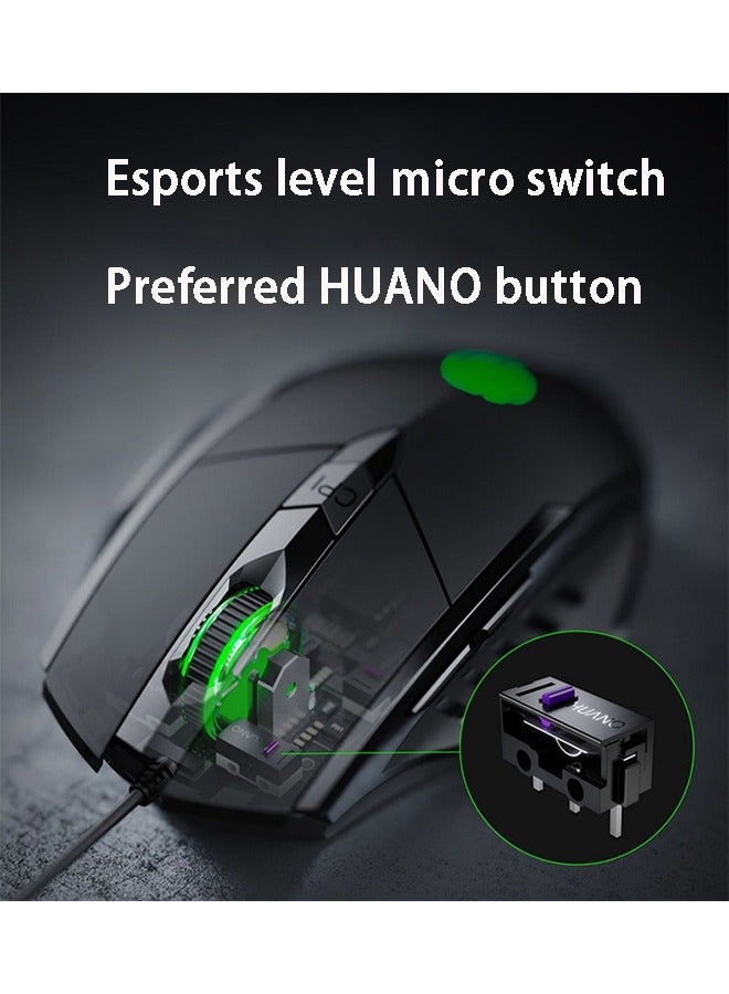 W1 Silent Wired Frosting Mouse Chicken Eating Esports Game Mouse 1200/2400/4800/7200 DPI, Plug and Play 6-key Edition -1.5m Colorful Luminous Mouse Windows XP/Windows7/Windows8/ndows10（Black)