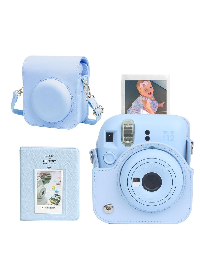 Case for Fujifilm Instax Mini 12 Camera Protective PU Leather Bag Cover with Adjustable Shoulder Strap and Mini Photo Album 64 Pockets (Pastel Blue)