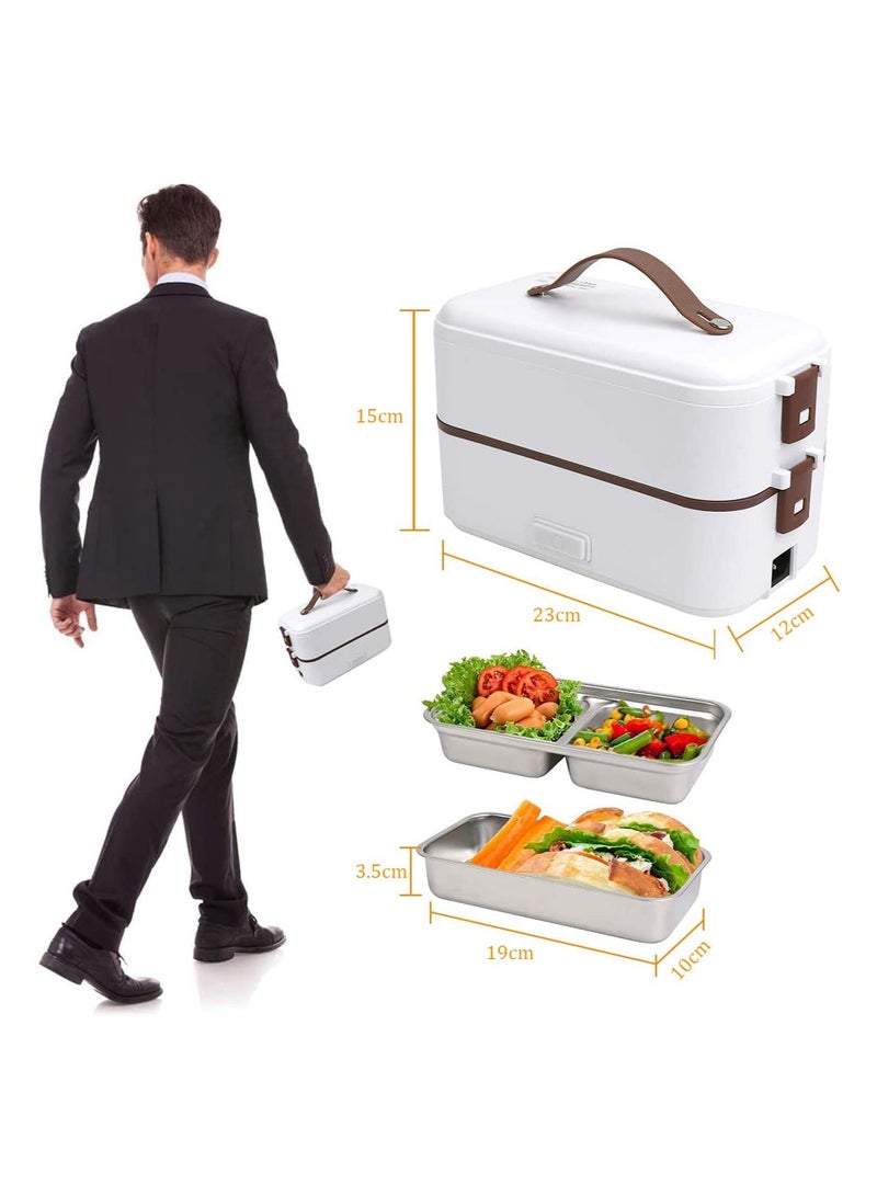 White 800ml 2-Layer Portable Electric Food Heater Lunch Box, Mini Removable 304 Stainless Steel 220v Food Heater