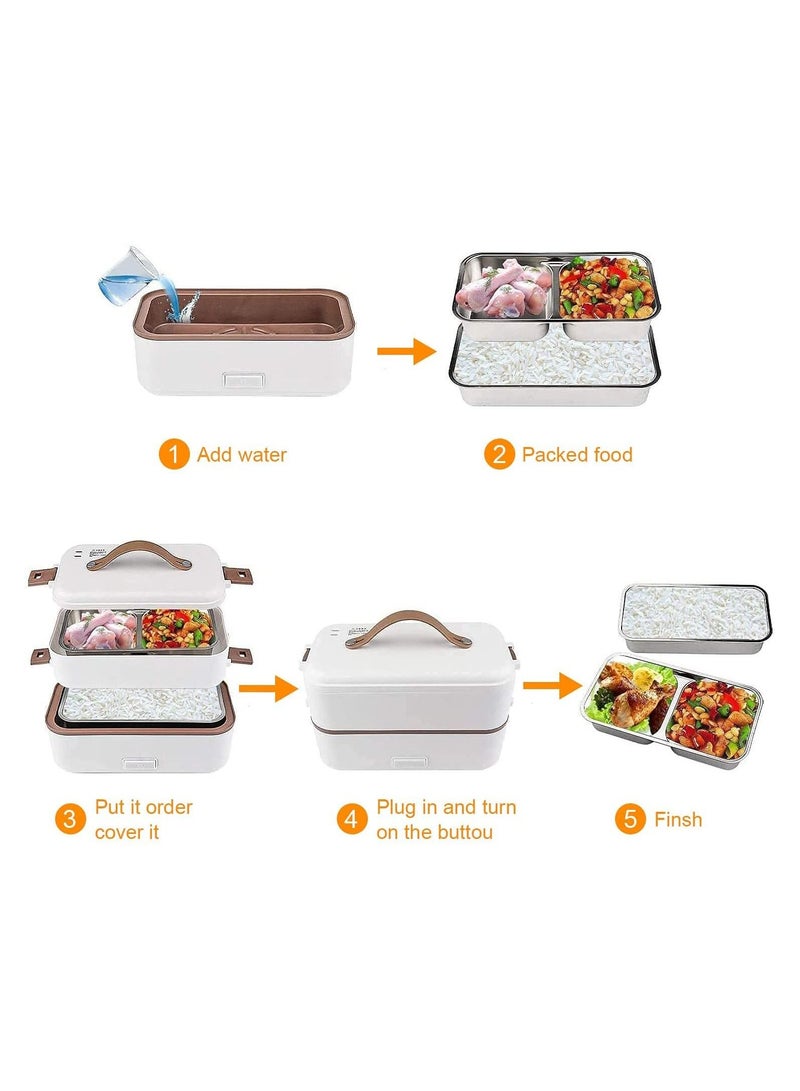 White 800ml 2-Layer Portable Electric Food Heater Lunch Box, Mini Removable 304 Stainless Steel 220v Food Heater