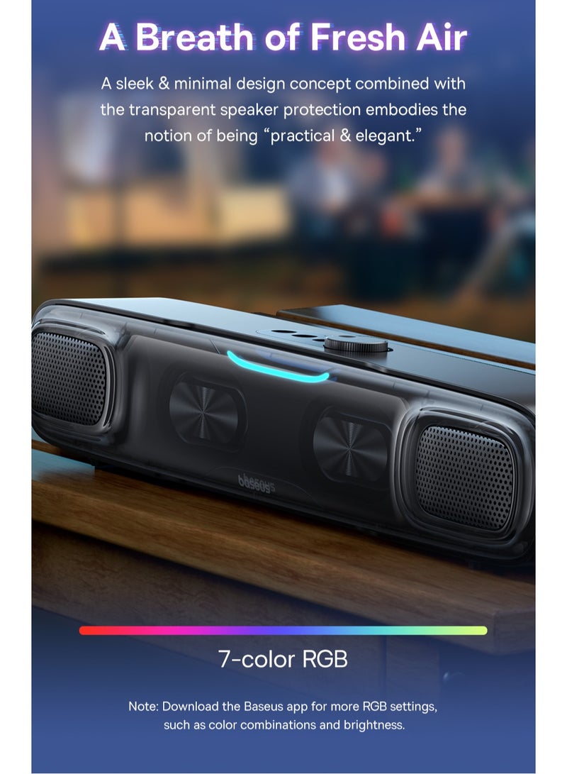 Wireless Single Soundbar Speaker With Bluetooth 5.3, App Controlled Mini Soundbar, Triple Audio Modes, 7-Colors RGB, Cable Audio with Microphone for TV, PC, Projectors (Without Battery)