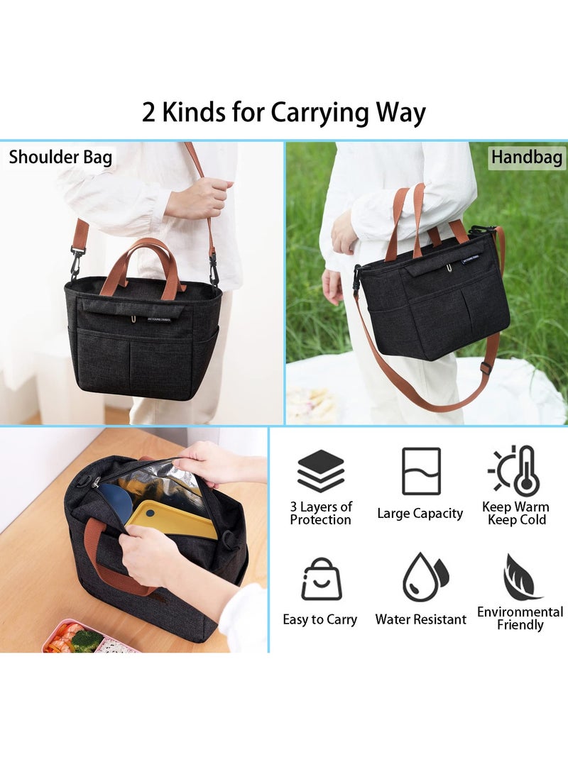 Large Insulated Lunch Bag for Women Men, Reusable Lunch Box for School Office Work Picnic Beach, Leakproof Cooler Lunch Tote Bag with Bottle Holder Adjustable Shoulder Strap for Adult (Black)