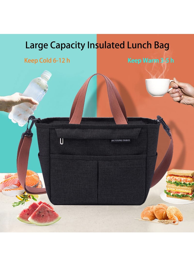 Large Insulated Lunch Bag for Women Men, Reusable Lunch Box for School Office Work Picnic Beach, Leakproof Cooler Lunch Tote Bag with Bottle Holder Adjustable Shoulder Strap for Adult (Black)