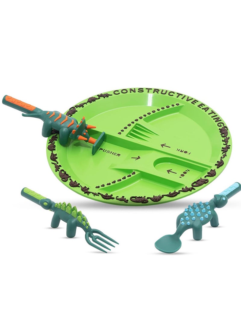 Eazy Kids Eating Plate with Spoon, Fork & Pusher - Purple, Dinosaur, 3Pcs