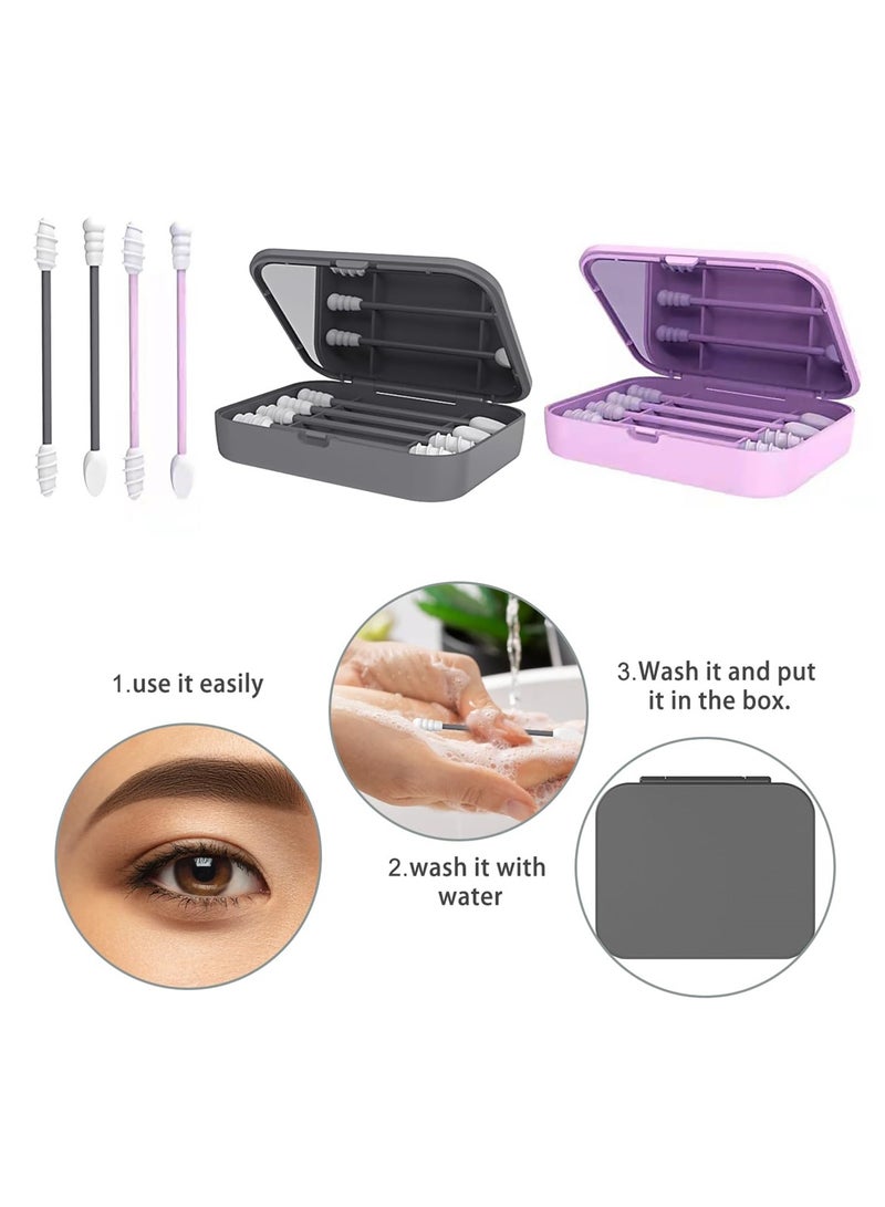 Silicone Cotton Swab with Double Tips and Storage Case, Reusable Cotton Buds for Ear Cleaning and Makeup Removal