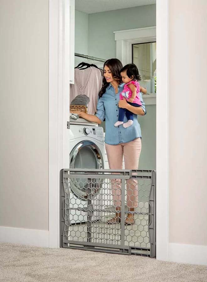 Plastic Expandable Baby Gate | Adjustable Safety Barrier | Fits 28”-42” Openings | Pressure Mount with Twist Lock | Lightweight & Durable | Pet-Friendly | Easy Step-Over | Grey