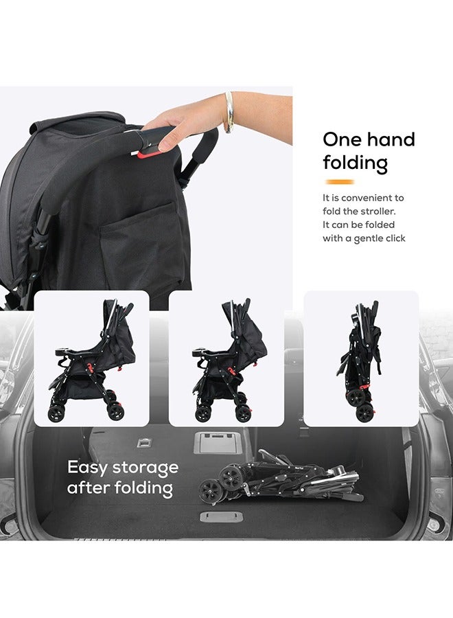 Bliss Ultra Compact Lightweight Baby Travel Stroller with Storage Basket, Detachable Food Tray, Reclining Seat and Leg Rest, 0-36 Months, Black