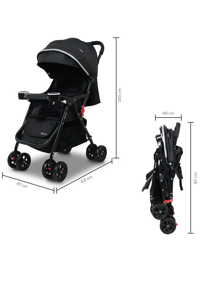 Bliss Ultra Compact Lightweight Baby Travel Stroller with Storage Basket, Detachable Food Tray, Reclining Seat and Leg Rest, 0-36 Months, Black