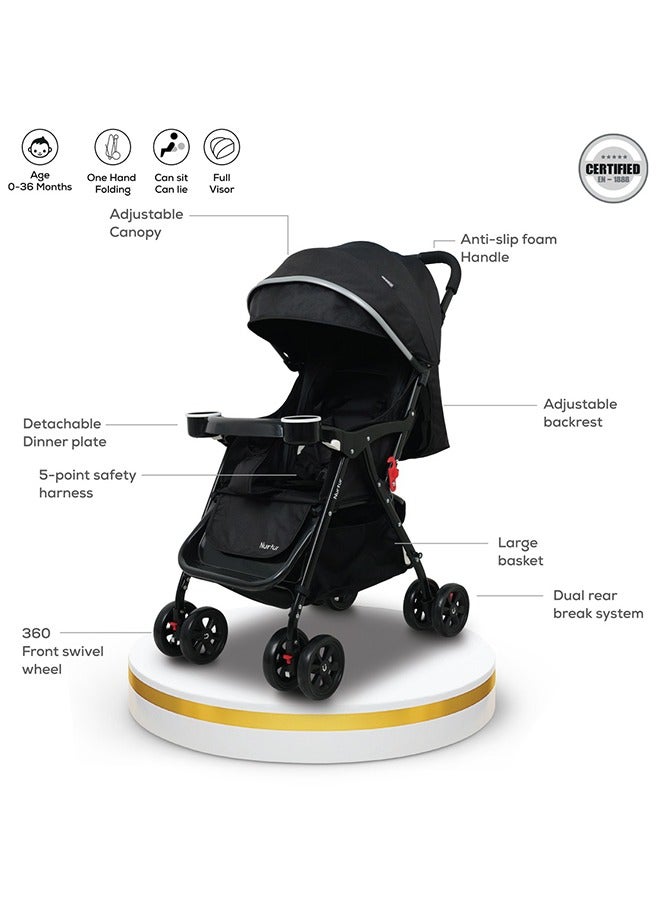 Bliss Ultra Compact Lightweight Baby Travel Stroller with Storage Basket, Detachable Food Tray, Reclining Seat and Leg Rest, 0-36 Months, Black