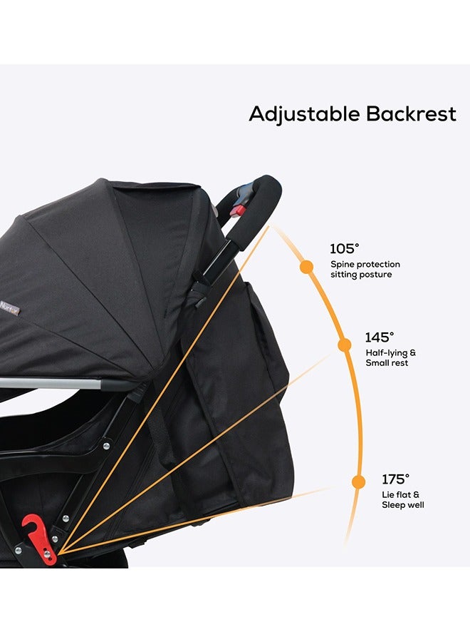 Fully Adjustable Stroller With Storage Basket, Removable Food Tray, 5 Point Safety Harness, Compact Design Shoulder Strap