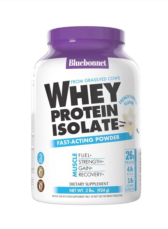 BlueBonnet Nutrition Whey Protein Isolate Powder From Grass Fed Cows, 26g of Protein, No Sugar Added, Gluten & Soy free, kosher Dairy, 2 Lbs, 28 Servings, French Vanilla Flavor