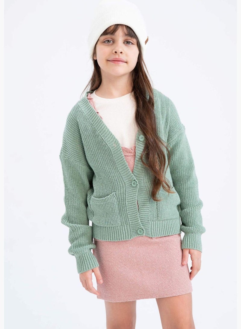 Girl V Neck Long Sleeve Tricot Cardigan