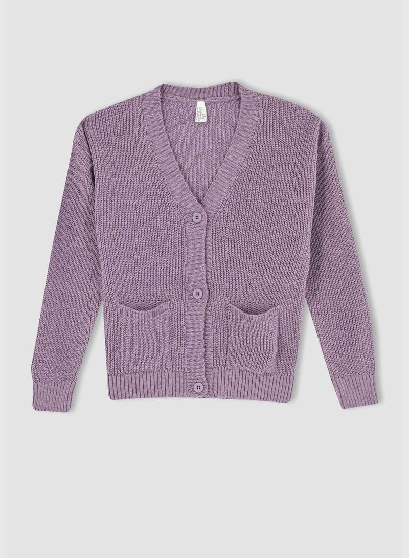 Girl V Neck Long Sleeve Tricot Cardigan