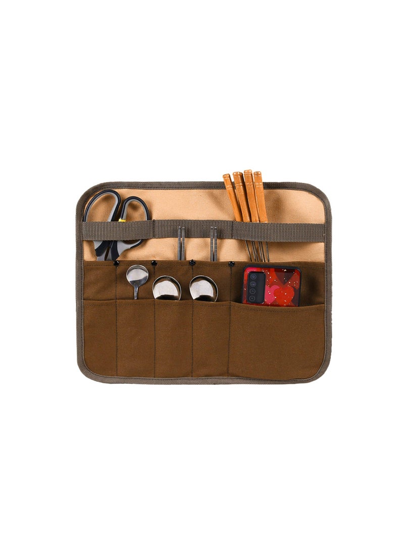 Multi Purpose Cutlery Roll Bag, Chefs Knife Roll Bag, 10 Slot Waxed Canvas Chef Bag, Knife Case, Portable Knife Bag Cultery Storage Holder Travel Knife Roll Pouch Storage Bag for Men Pro Chef