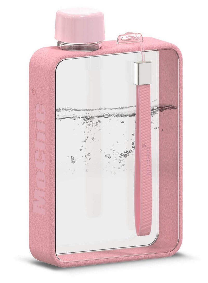 Water Bottle, Flat Portable Travel Mug Handbag Slim Cold Plastic Flask, BPA Free A5 Leak Proof Water Bottle for Sports, Camping, Gym, Fitness, Outdoor 380ml (Pink)